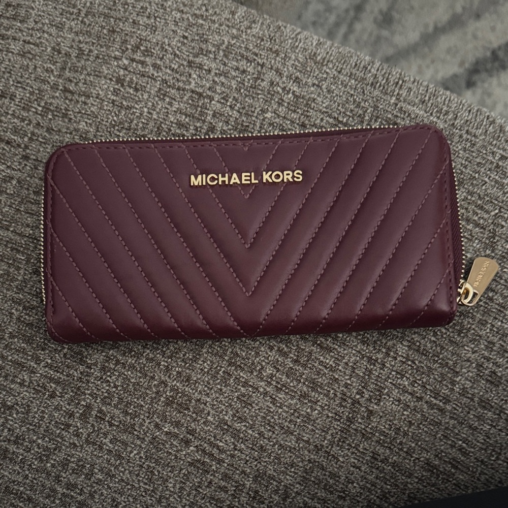 Michael Kors Quilted Zip Wallet in Burgundy with Gold Hardware